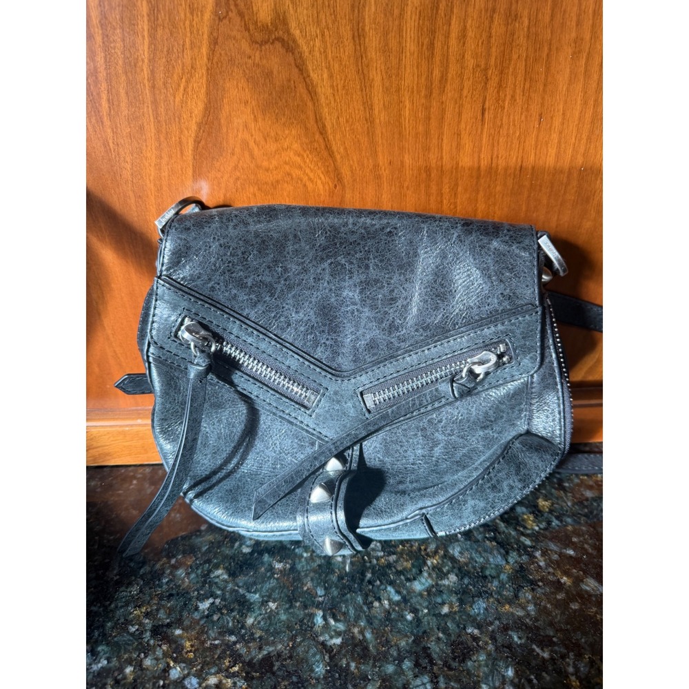 Botkier New York Black Distressed Leather Studded Crossbody Bag Silver Hardware